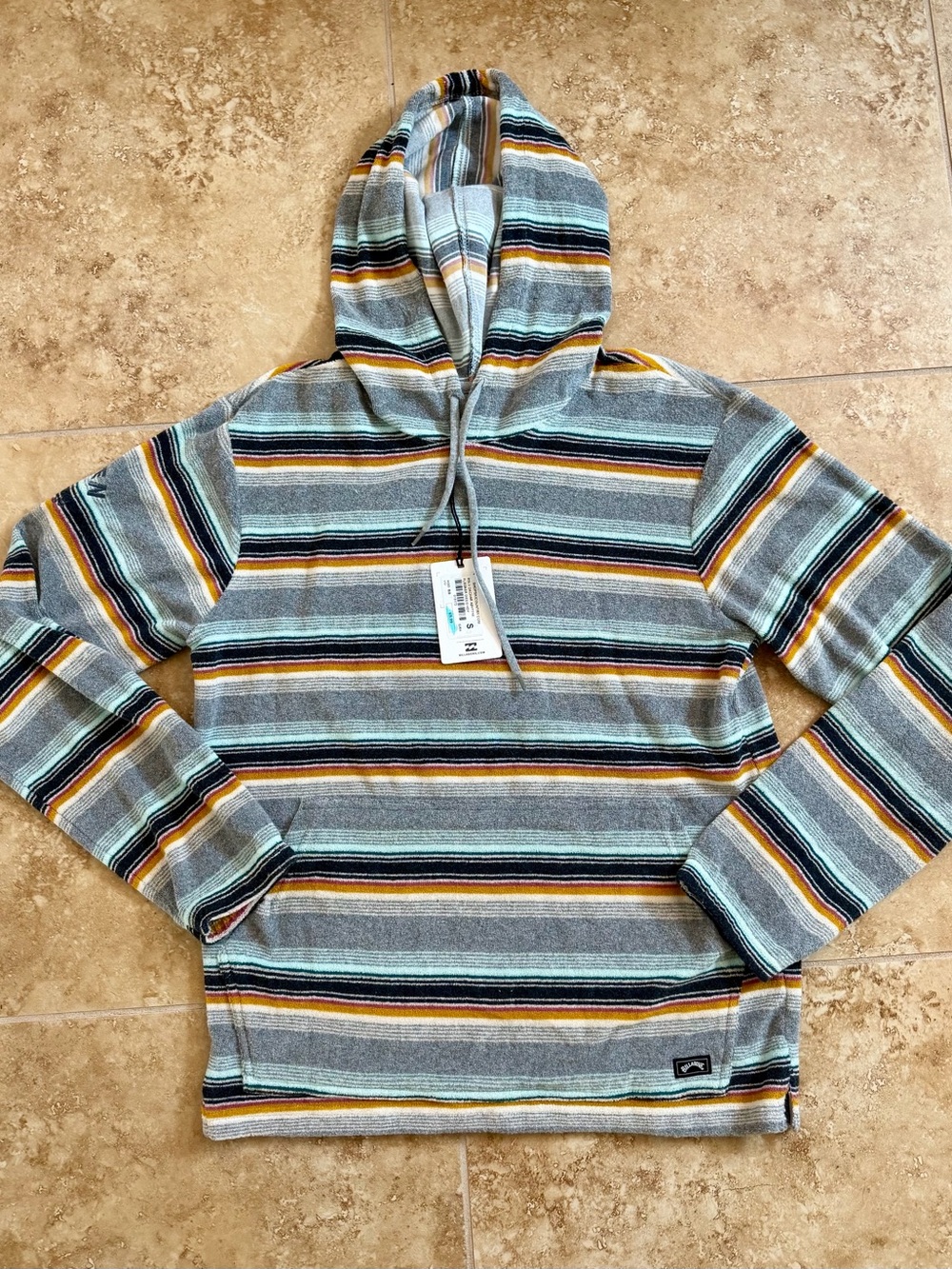 Billabong Mens Striped Pullover Hoodie Terry Cloth Drawstring Gray Multi Size S